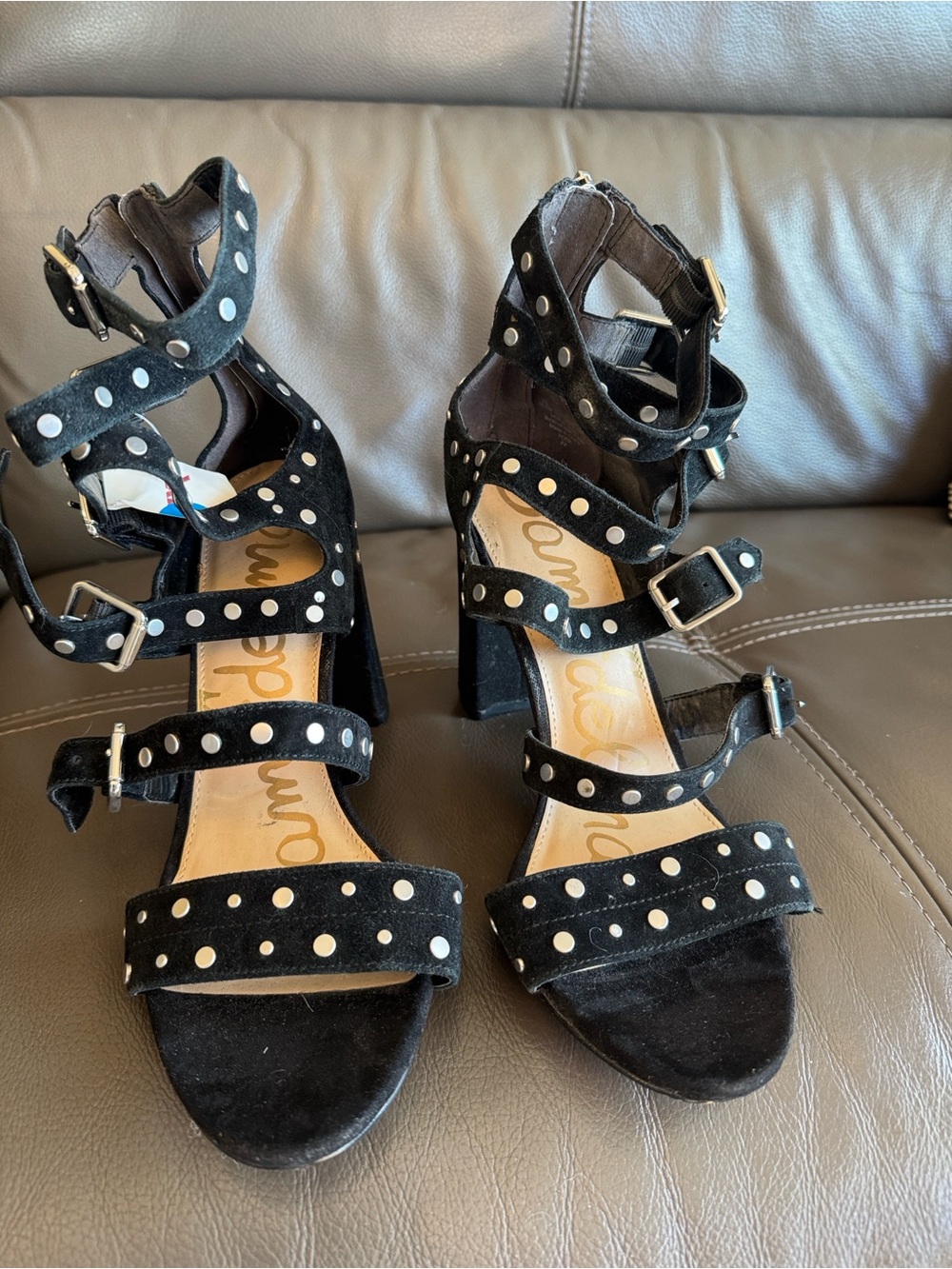 Sam Edelman Black Suede Studded Buckle Block Heels - Picture 15 of 16